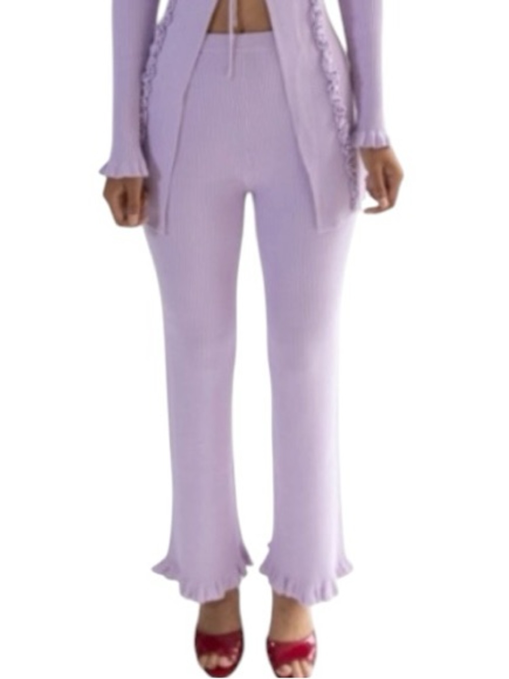 Find me now purple ribbed knit flared leg pants with ruffled hems size medium